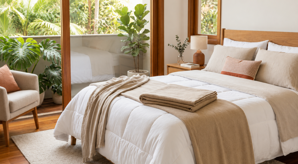 Quarto de casal moderno com cama de casal arrumada em roupa de cama branca, manta bege dobrada aos pés da cama, travesseiros em tons neutros, criado-mudo de madeira com abajur, plantas decorativas e ampla porta de vidro com vista para varanda iluminada por luz natural.