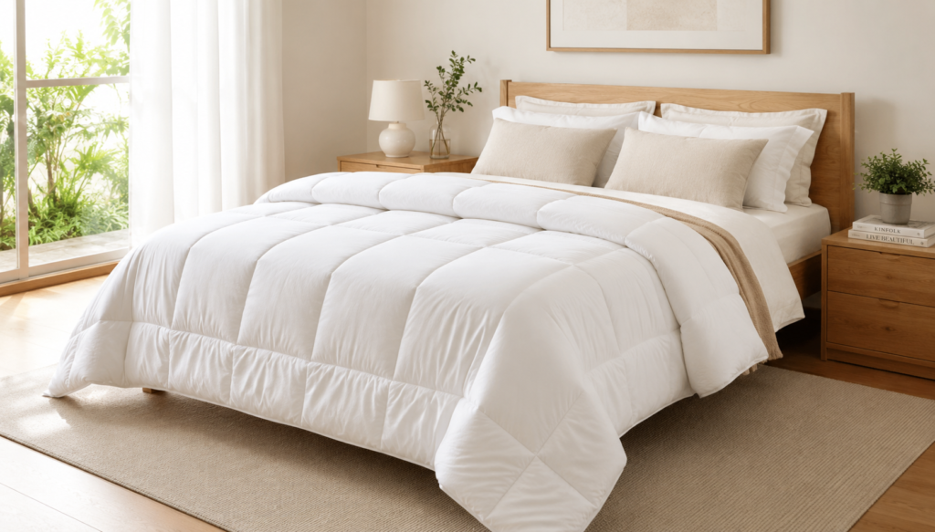 Edredom branco sobre cama de casal em quarto moderno e clean, com móveis de madeira clara, almofadas em tons neutros, decoração minimalista e iluminação natural, criando um ambiente aconchegante e elegante.