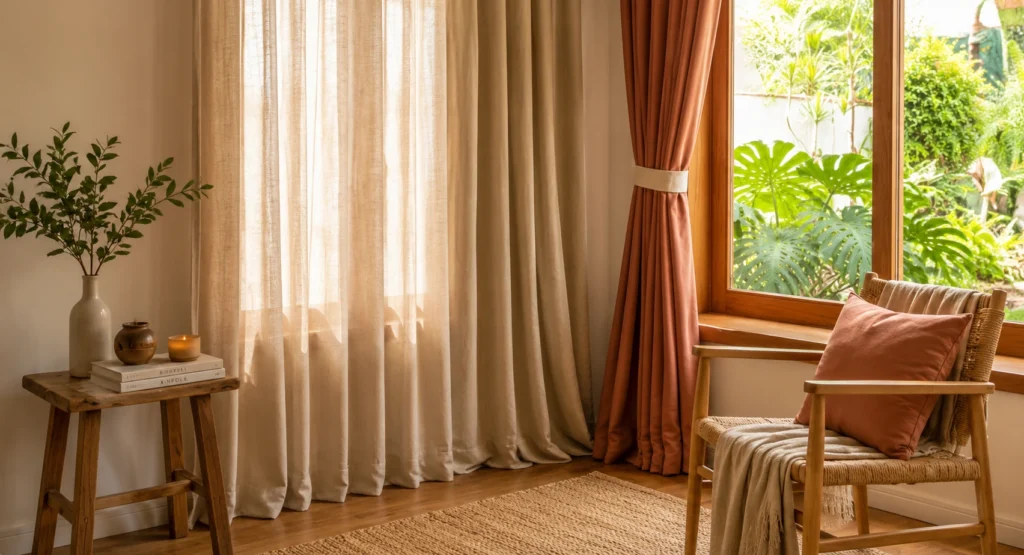 Cortina de linho bege em sala de estar clean e aconchegante, com poltrona de madeira, almofada terracota, mesa lateral rústica e ampla janela com vista para jardim iluminado por luz natural.