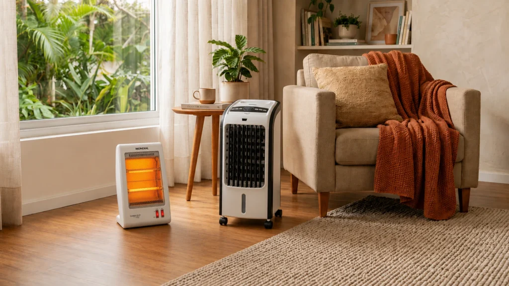 Ambiente aconchegante com um climatizador e um aquecedor elétrico lado a lado em uma sala moderna, destacando as diferenças de uso entre os dois aparelhos para conforto térmico no inverno.