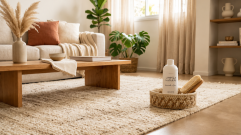 Sala de estar clean e aconchegante com tapete felpudo, móveis de madeira, plantas e decoração em tons neutros, ideal para inspirar ambientes elegantes e acolhedores.