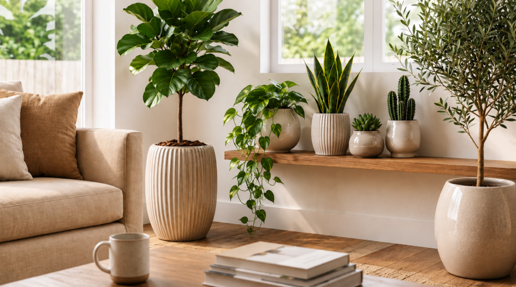 Sala de estar moderna com decoração em tons neutros, plantas ornamentais em vasos de cerâmica coloridos e texturizados sobre bancada de madeira e no piso, criando um ambiente aconchegante, elegante e iluminado pela luz natural.