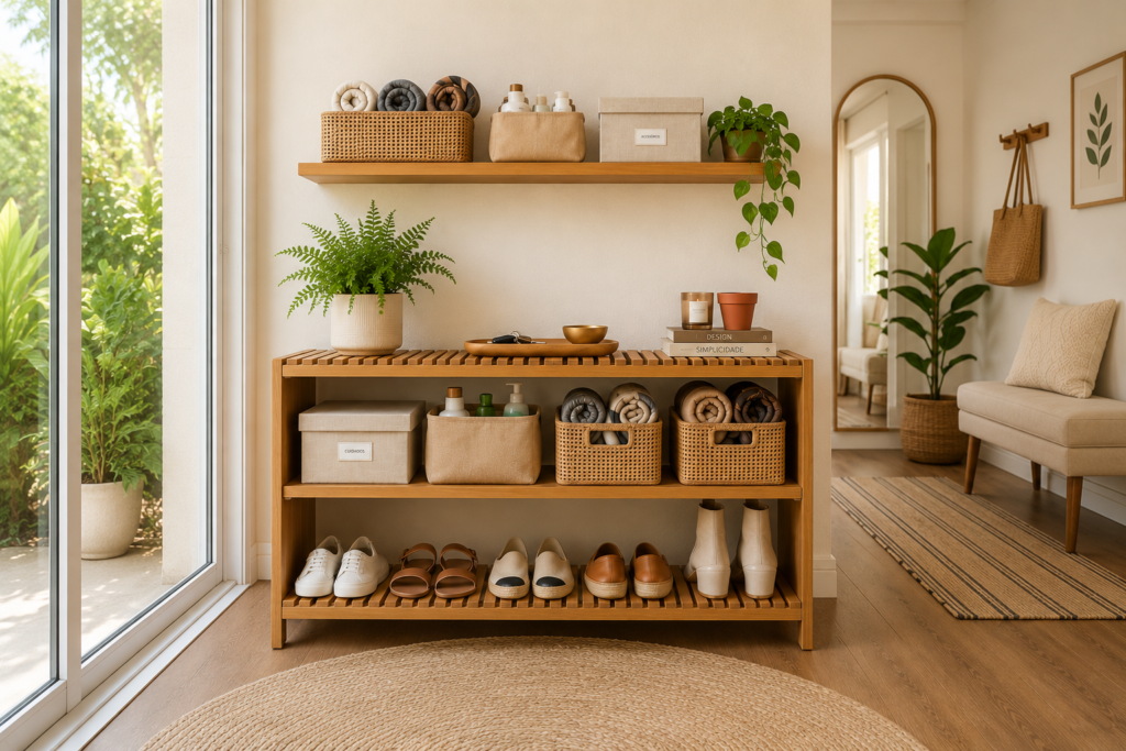 Hall de entrada moderno e organizado com sapateira de madeira, prateleira suspensa, caixas e cestos organizadores, plantas decorativas, banco estofado e iluminação natural em um ambiente clean e acolhedor.