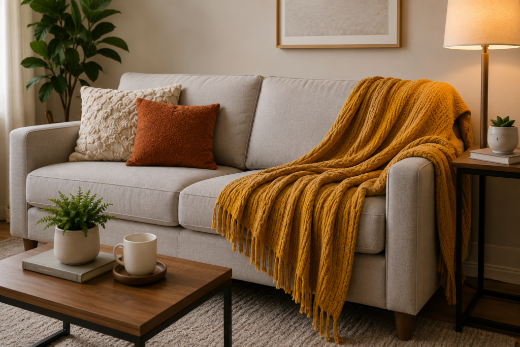 Poltrona com manta verde de tricô e cesto de fibra natural com manta creme em relevo, lado a lado em uma sala de estar de estilo moderno, com decoração aconchegante, móveis de madeira e plantas ornamentais.