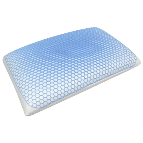 travesseiro-viscoelástico Travesseiro viscoelástico branco com camada superior em gel azul com estrutura hexagonal, ideal para maior conforto térmico e suporte durante o sono.