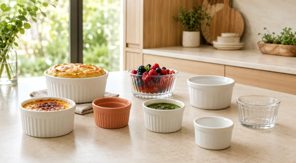 Tipos de ramequim em cerâmica, porcelana e vidro, com suflê, crème brûlée, frutas e molho, sobre bancada de cozinha.