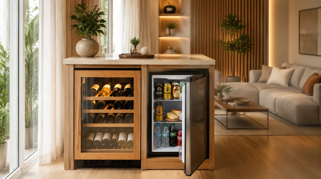 Adega climatizada e frigobar integrados a um móvel de madeira em sala de estar moderna e aconchegante.
