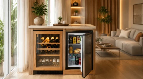 Adega climatizada e frigobar integrados a um móvel de madeira em sala de estar moderna e aconchegante.