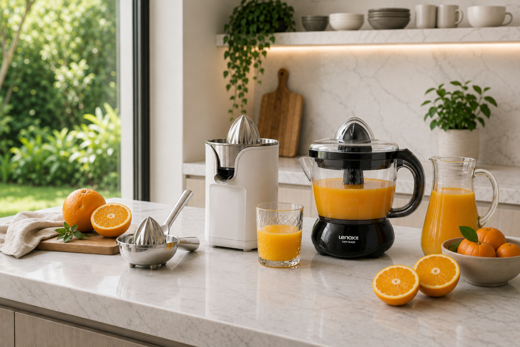 Espremedor de frutas manual e espremedores elétricos sobre bancada de mármore cinza e branco em cozinha moderna, com laranjas frescas, copo e jarra de suco de laranja natural.