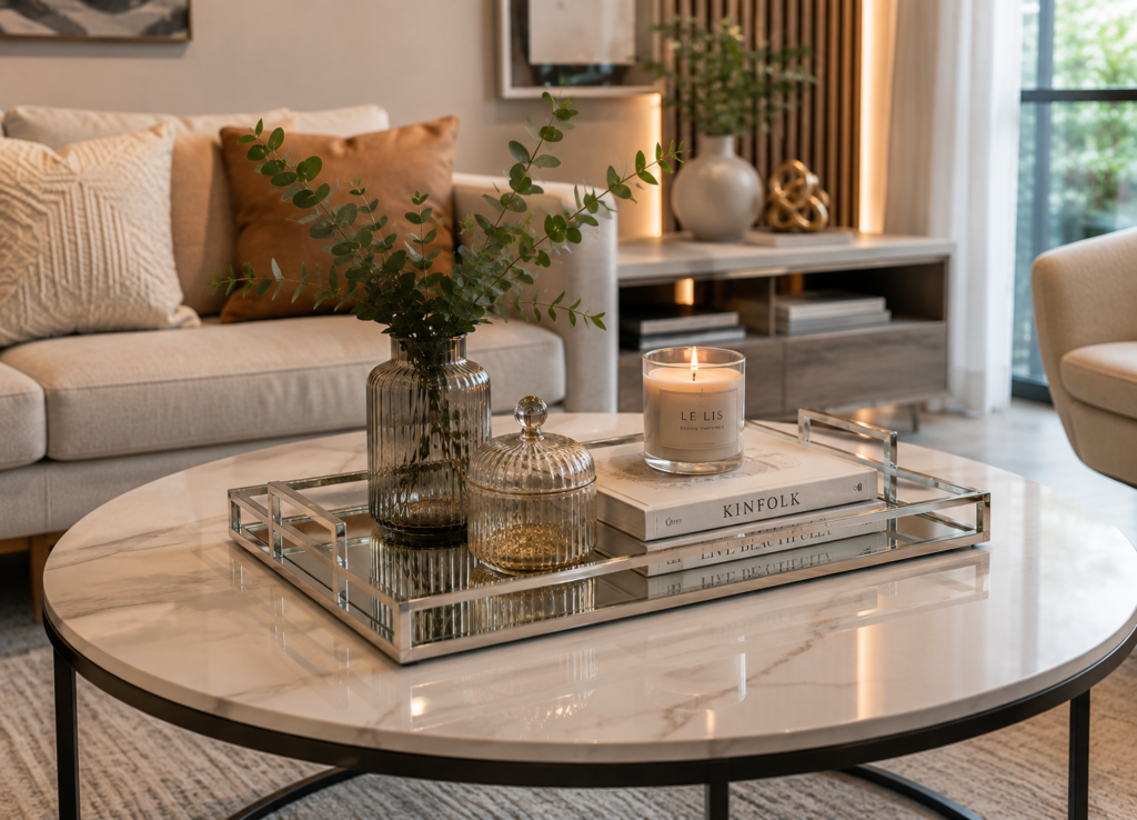 Bandeja decorativa espelhada sobre mesa de centro em sala de estar moderna, com vaso, vela e objetos decorativos.