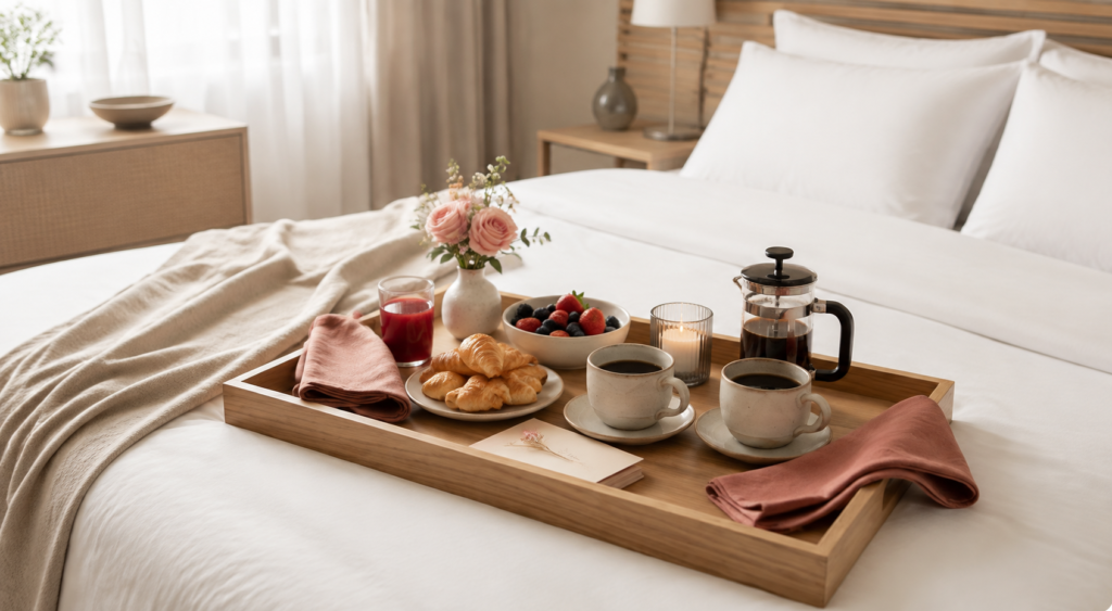 Café da manhã romântico em bandeja de madeira com café, croissants, frutas vermelhas, flores e suco sobre a cama.