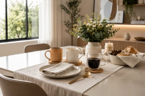 Canecas de cerâmica, porcelana e vidro sobre mesa moderna preparada para café.