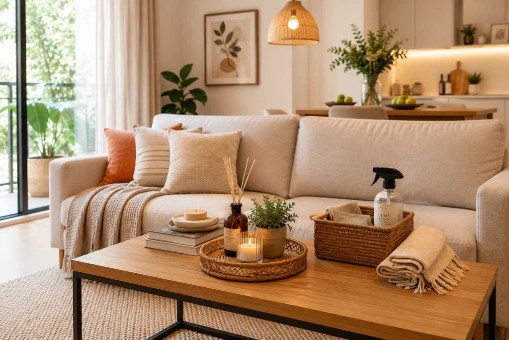 Sala moderna e organizada com itens para preparar a casa para receber visitas.