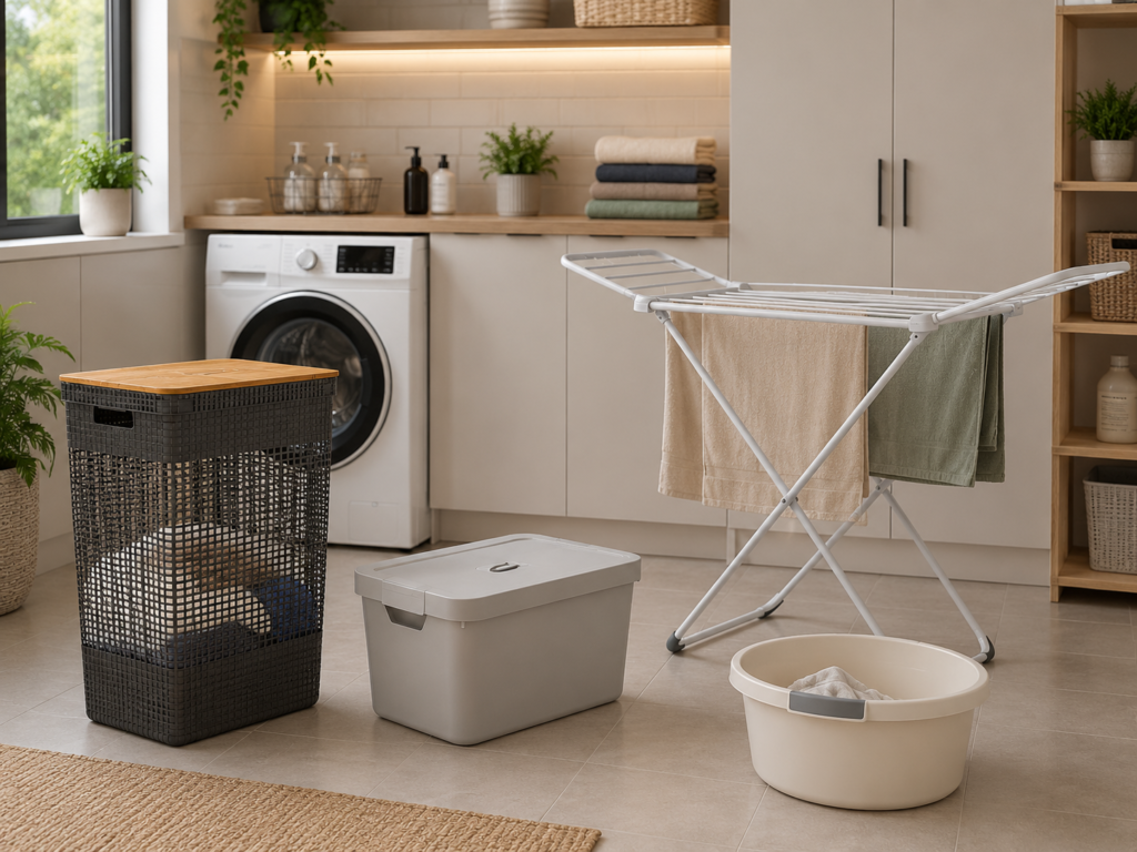 Lavanderia moderna e organizada com cesto de roupa suja, caixa organizadora, bacia e varal de chão, destacando soluções práticas para organização e lavagem de roupas.