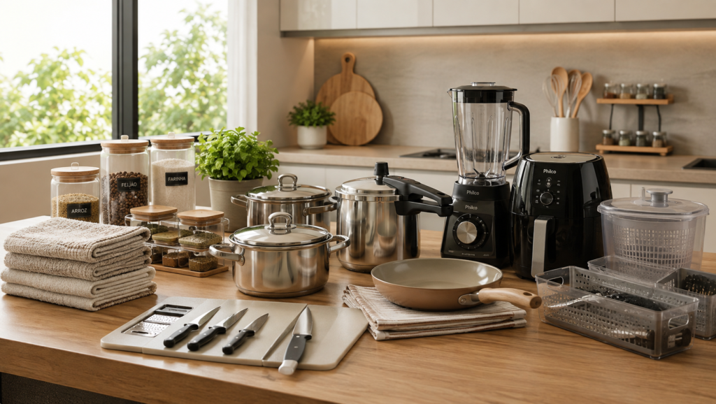 Utilidades domésticas em cozinha moderna com panelas de inox, panela de pressão, potes herméticos, utensílios e eletroportáteis.