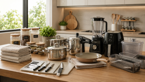 Utilidades domésticas em cozinha moderna com panelas de inox, panela de pressão, potes herméticos, utensílios e eletroportáteis.