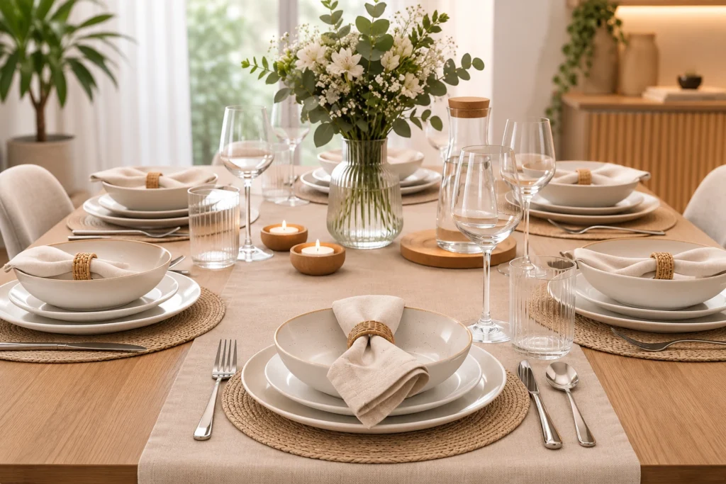 Aparelho de jantar em mesa posta moderna com pratos em tons neutros, taças, talheres e decoração com flores.