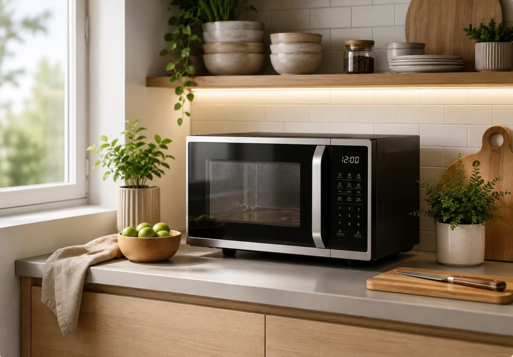 Micro-ondas preto com acabamento em inox sobre bancada de cozinha moderna, clara e organizada.