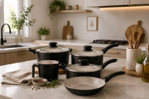 Jogo de panelas antiaderentes em cozinha moderna, com diferentes tamanhos de panelas, frigideira e tampas de vidro.