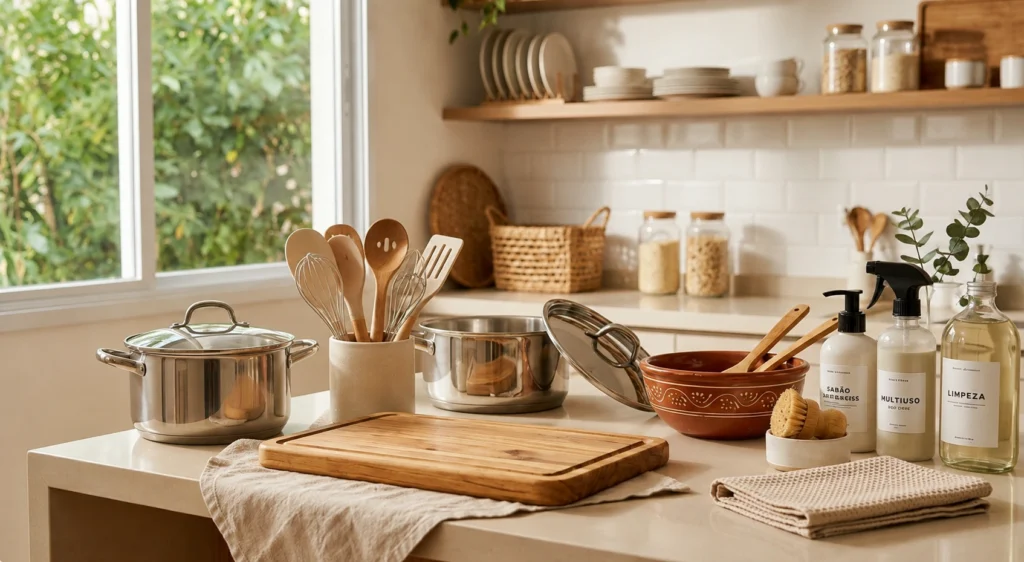 Cozinha moderna organizada com panelas, utensílios de cozinha e produtos de limpeza sobre a bancada.
