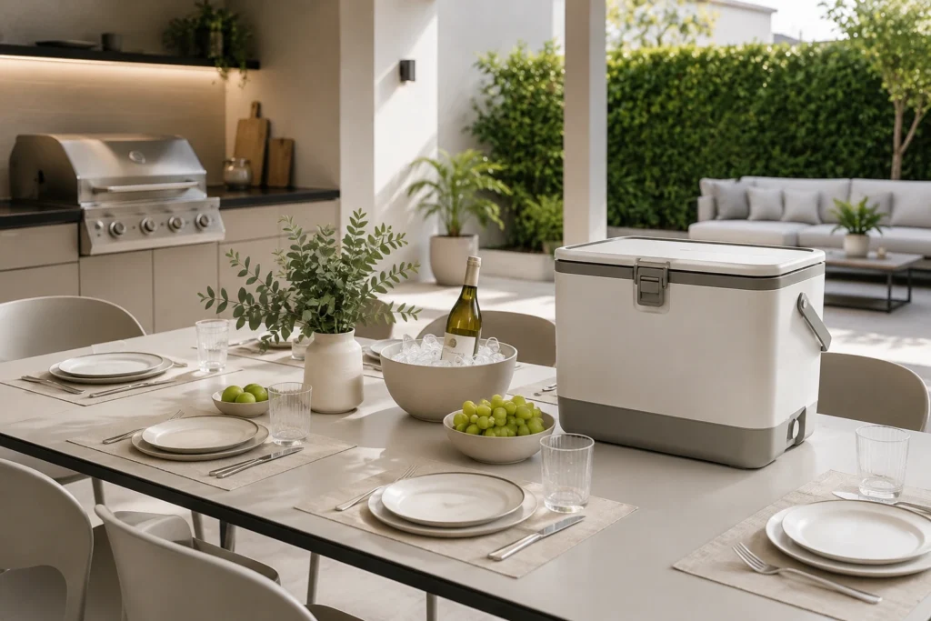 Cooler em área gourmet moderna com churrasqueira e mesa posta em tons neutros.