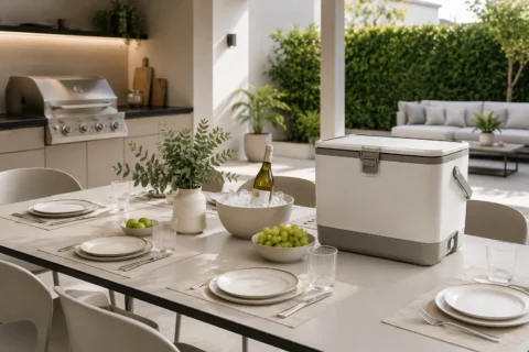 Cooler em área gourmet moderna com churrasqueira e mesa posta em tons neutros.