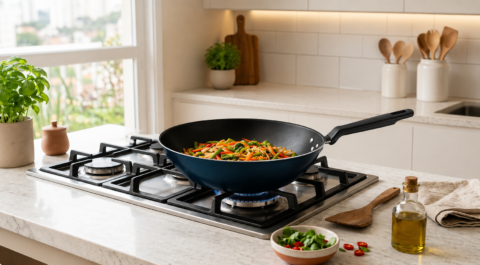 Panela wok antiaderente com legumes salteados sobre o fogão em uma cozinha moderna.