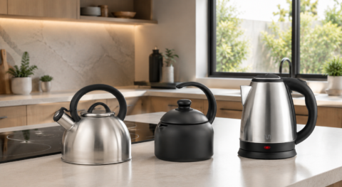 Três modelos de chaleira em bancada de cozinha moderna: inox com apito, preta fosca e elétrica em aço inox.