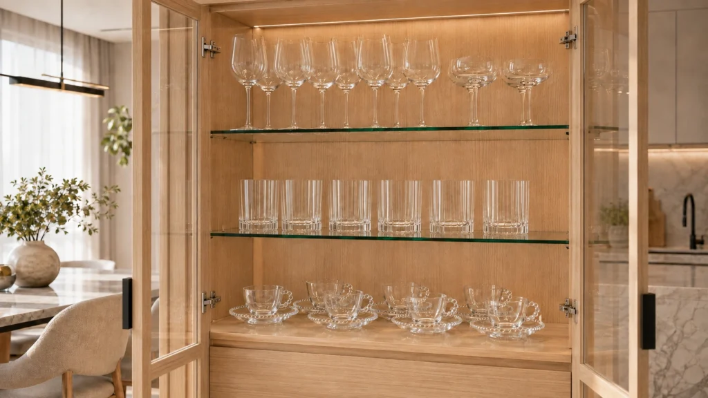 Cristaleira moderna de madeira clara com portas abertas, organizada com taças, copos de whisky e xícaras de vidro com pires.