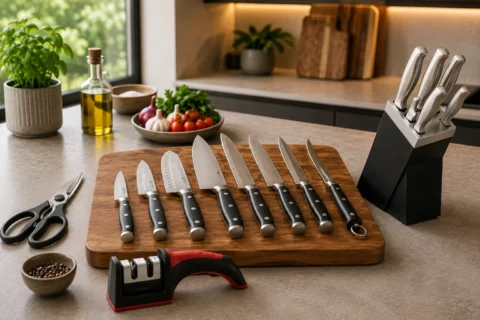 Facas de cozinha de diferentes tamanhos sobre tábua de madeira, com tesoura, afiador e cepo em cozinha moderna.