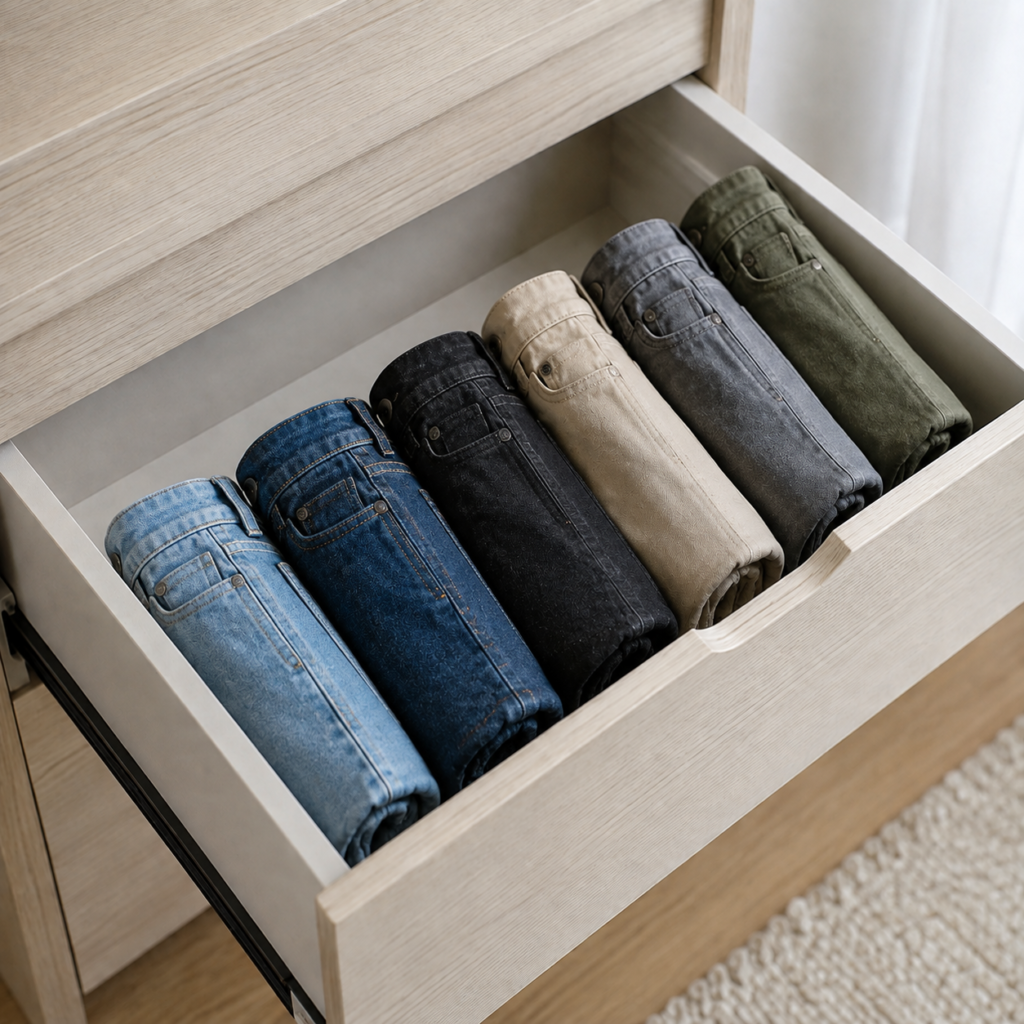 Calças jeans e de tecido dobradas verticalmente e organizadas lado a lado em uma gaveta.