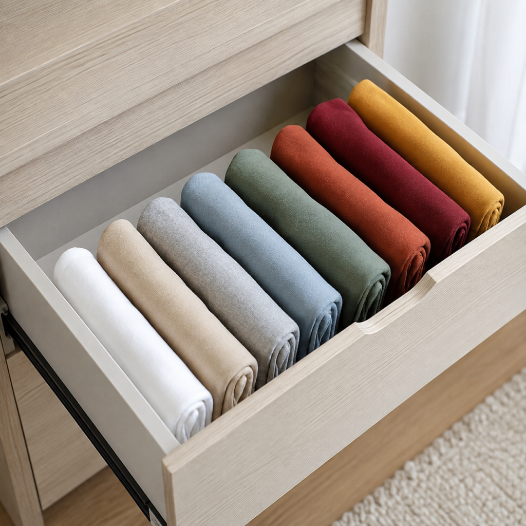 Camisetas coloridas dobradas verticalmente e organizadas lado a lado em uma gaveta.