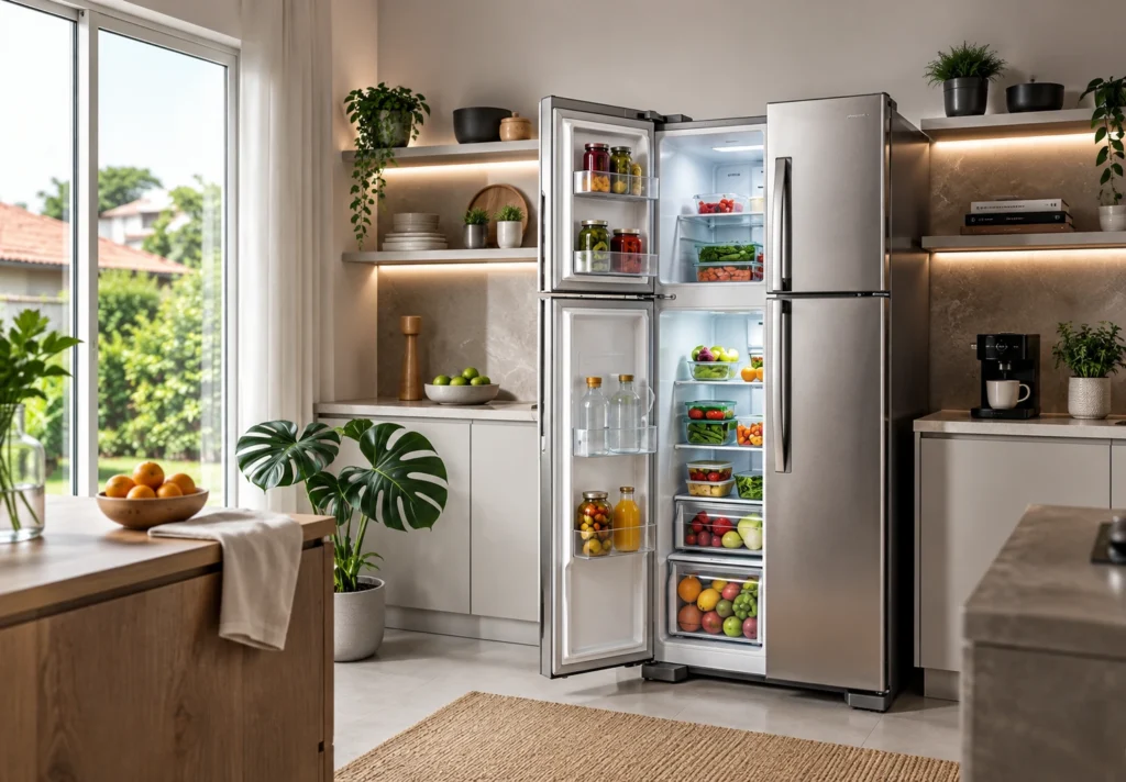 Geladeira frost free aberta e organizada com alimentos em uma cozinha moderna e iluminada.