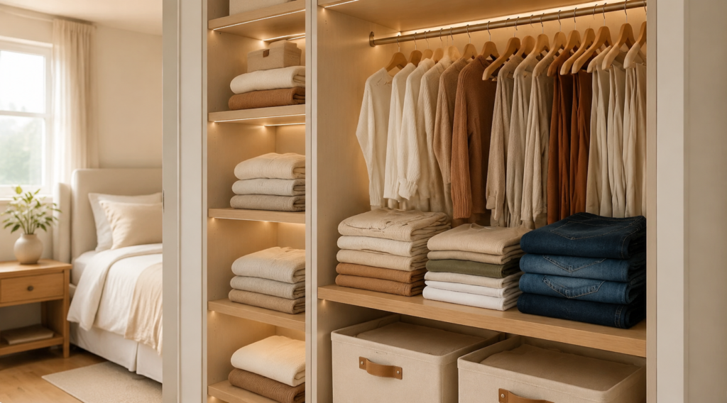Guarda-roupa moderno e organizado com roupas dobradas, peças em cabides, caixas organizadoras e iluminação embutida.