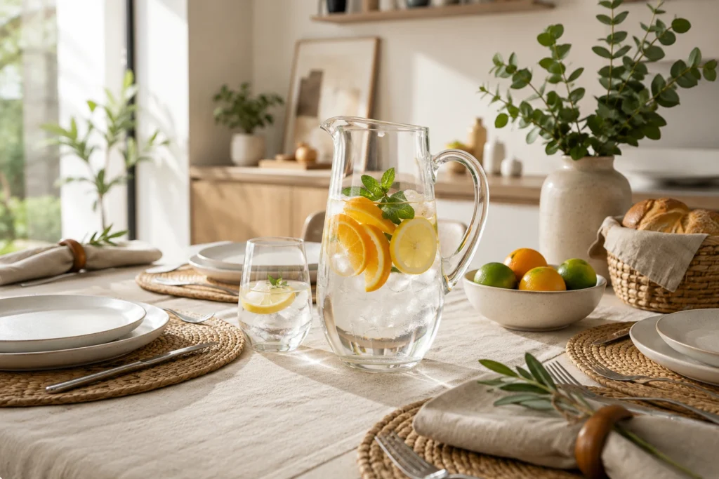 Jarra de vidro com água, gelo e frutas cítricas em mesa posta moderna.