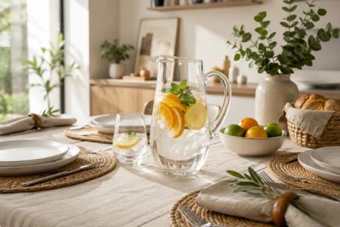 Jarra de vidro com água, gelo e frutas cítricas em mesa posta moderna.