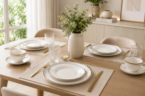 Jogo de pratos branco com detalhes dourados em mesa posta moderna com decoração em tons neutros.