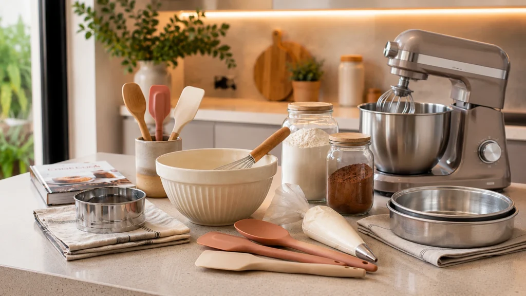 Kit de confeitaria em cozinha moderna com batedeira, formas, tigela, fouet, espátulas e saco de confeitar.