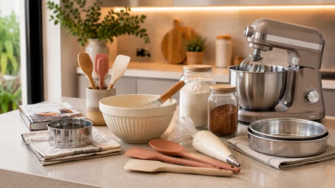 Kit de confeitaria em cozinha moderna com batedeira, formas, tigela, fouet, espátulas e saco de confeitar.