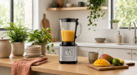 Liquidificador com suco de manga sobre bancada de madeira em cozinha moderna, acompanhado de frutas frescas.