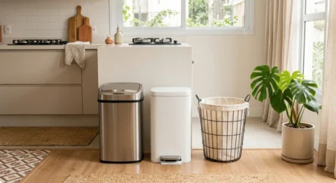 Lixeiras para cozinha em modelos com pedal, basculante e aramado em ambiente moderno e organizado.