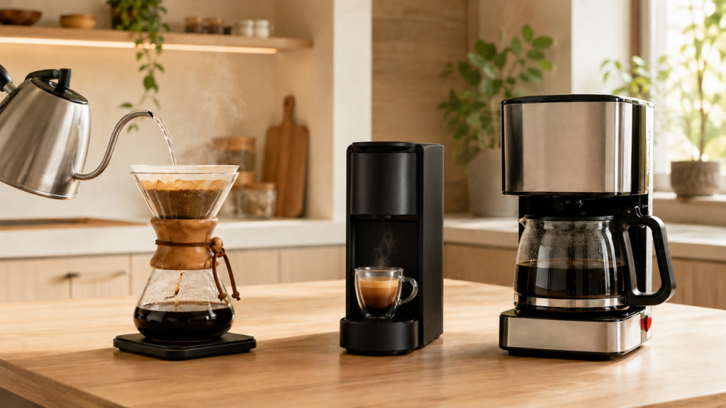 Cafeteira de cápsulas, cafeteira elétrica e café coado no filtro sobre mesa em cozinha moderna.