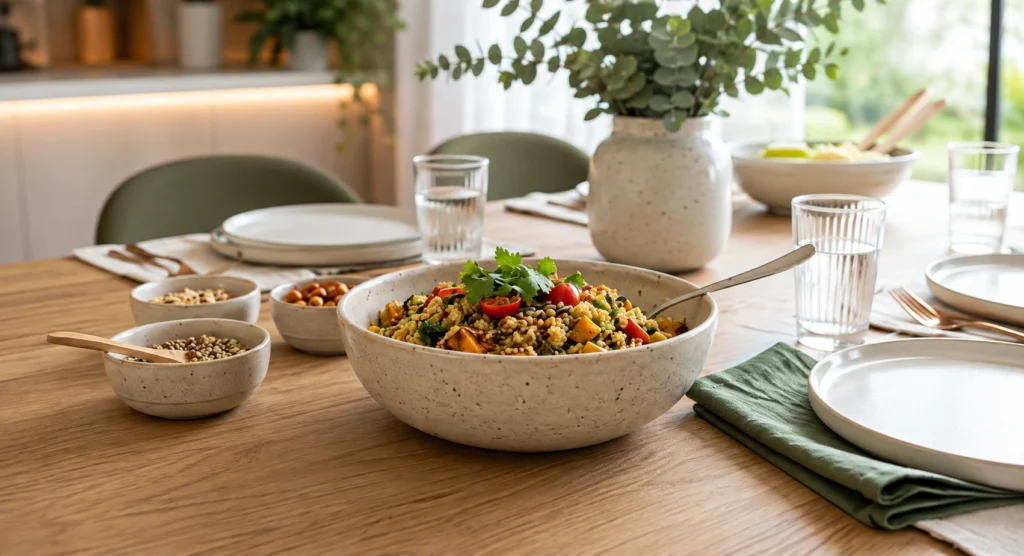 mesa com bowl de três tamanho Bowls de cerâmica com alimentos sobre mesa de madeira em uma cozinha moderna e iluminada.