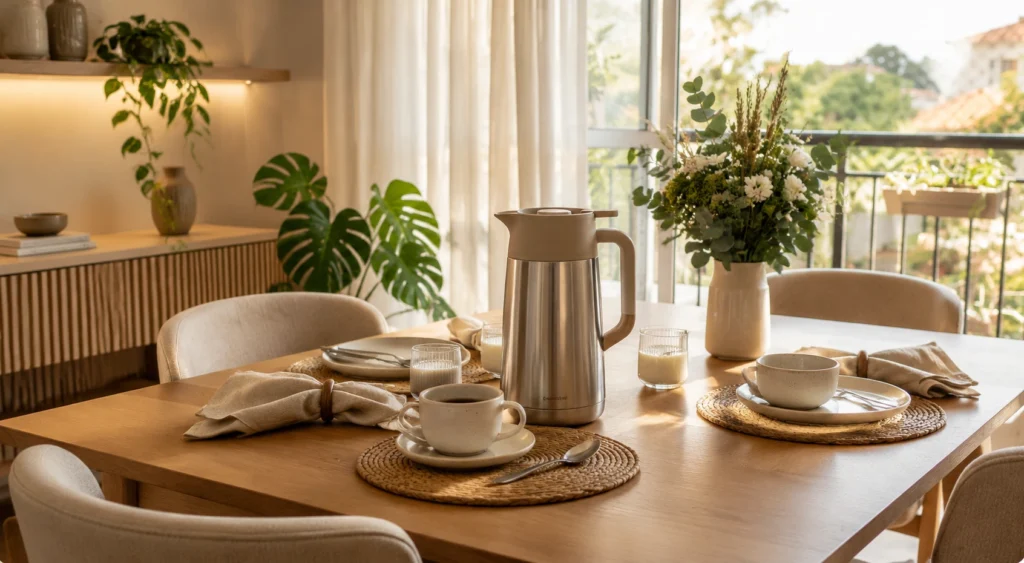 Garrafa térmica de inox sobre mesa de café da manhã em sala de jantar moderna e aconchegante.