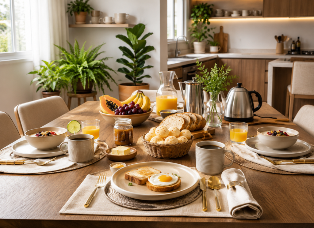 Mesa posta para café da manhã em cozinha moderna, com frutas, pães, café, suco e louças em tons neutros.