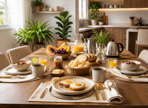 Mesa posta para café da manhã em cozinha moderna, com frutas, pães, café, suco e louças em tons neutros.