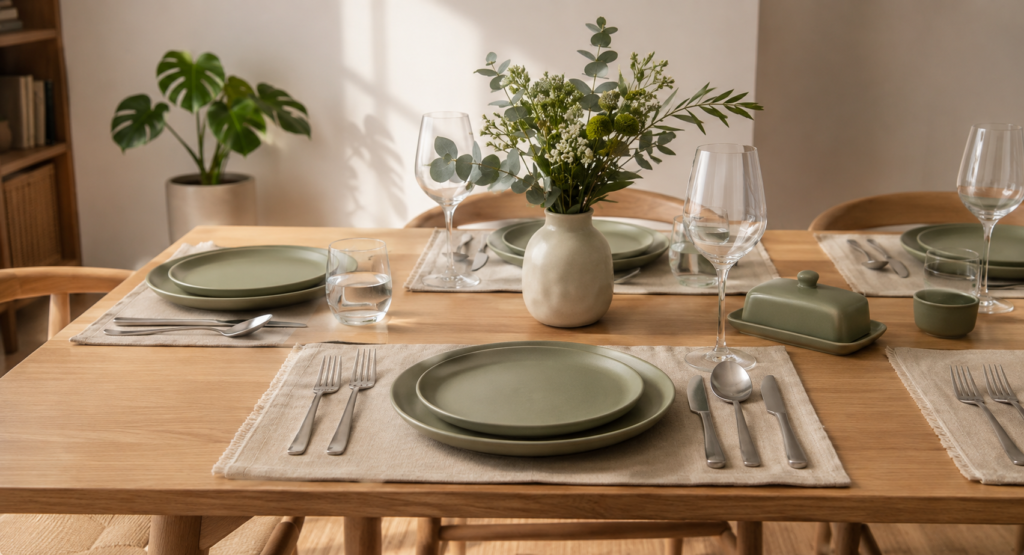 Mesa posta moderna com louças verde-sálvia, taças de vidro e arranjo de folhagens em ambiente iluminado e aconchegante.