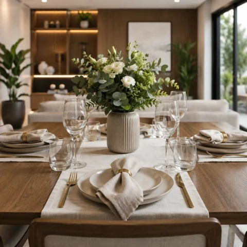 Mesa posta moderna com guardanapos de tecido, pratos, taças e arranjo de flores.