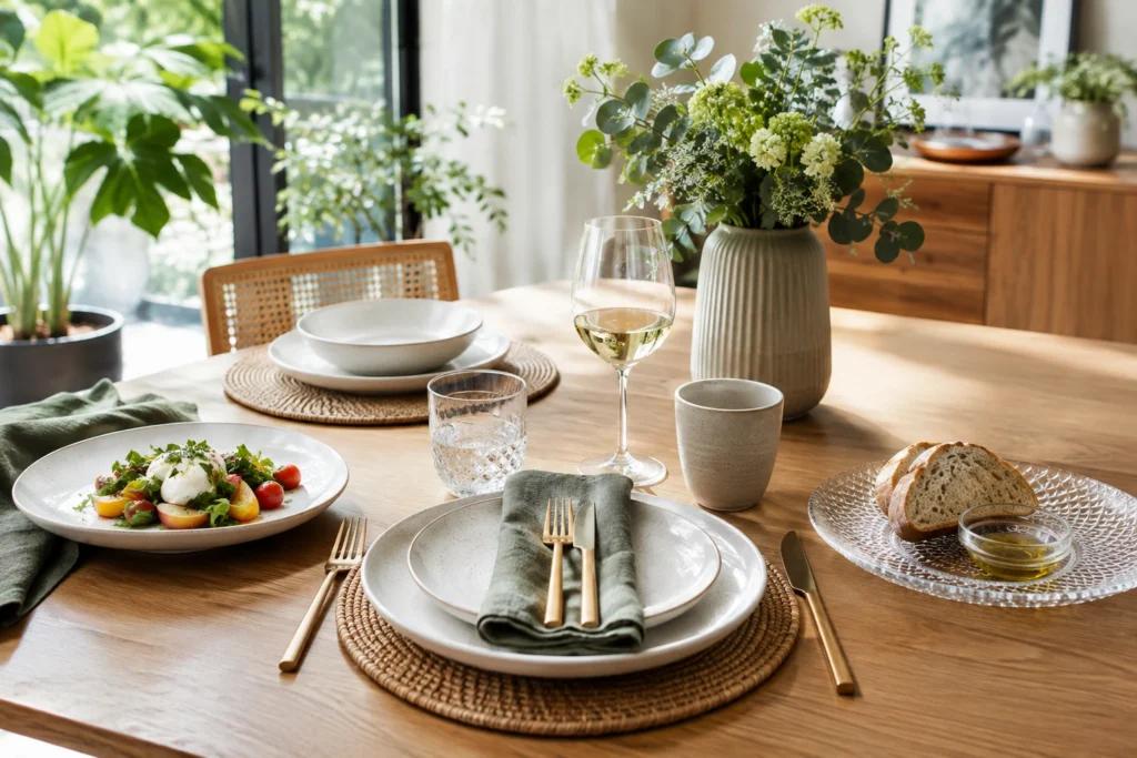 Mesa posta moderna com pratos de cerâmica, porcelana e vidro em ambiente elegante e iluminado.