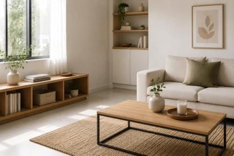Sala moderna e organizada com decoração clean, móveis funcionais e poucos objetos, representando o minimalismo doméstico.